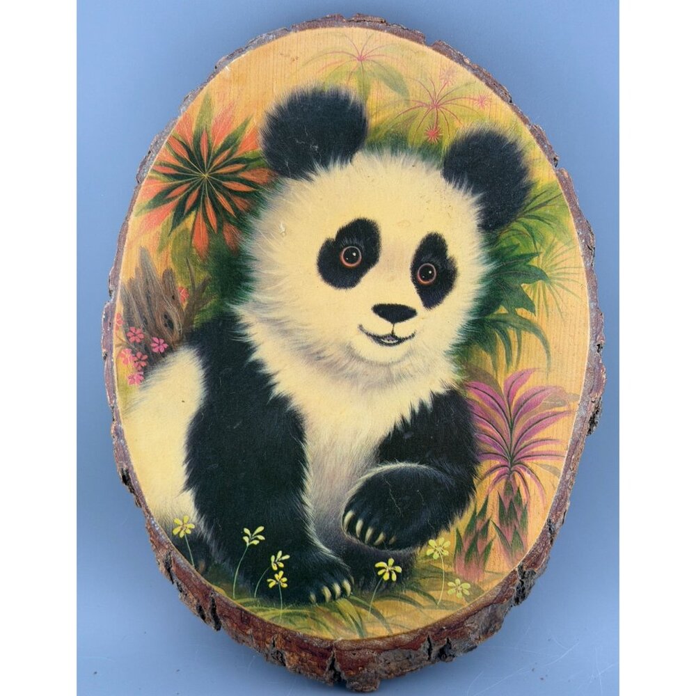 Vintage Six Flags Great Adventure Panda Wood Slice Wall Plaque Safari Park Decor